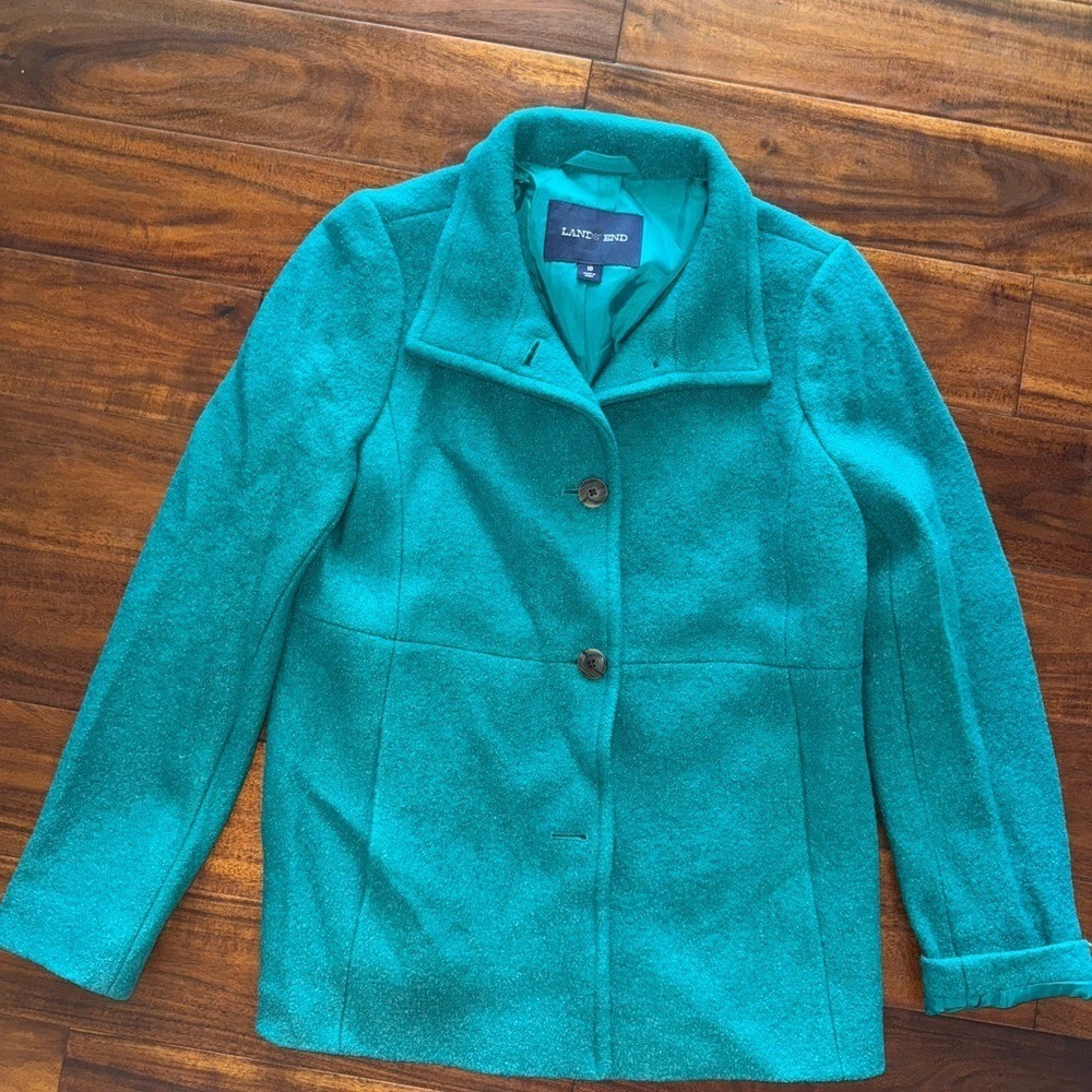 Lands End‎ Teal Wool Blend Button Front Collared Jacket Coat Women's Size 10